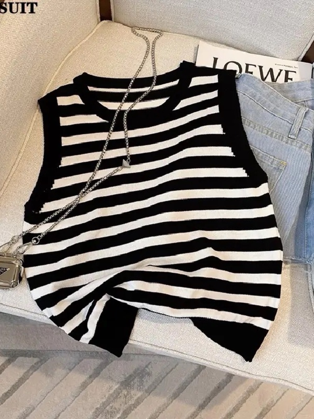 Black White Striped Knit Sleeveless Tank Top Side Slit Casual Summer Basic